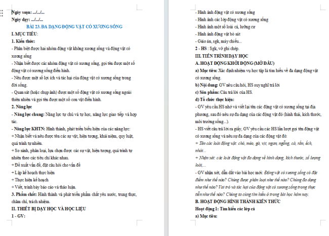 Giáo án KHTN 6 Bài 23: Đa dạng động vật có xương sống