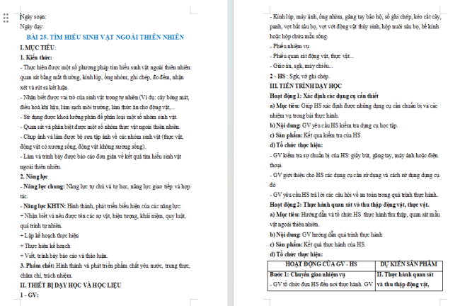 Giáo án KHTN 6 Bài 25: Tìm hiểu sinh vật ngoài thiên nhiên