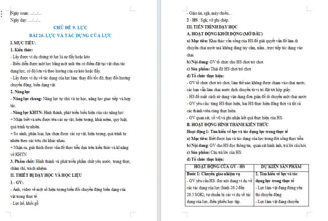 Giáo án KHTN 6 Bài 26: Lực và tác dụng của lực