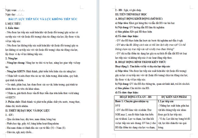 Giáo án KHTN 6 Bài 27: Lực tiếp xúc và lực không tiếp xúc