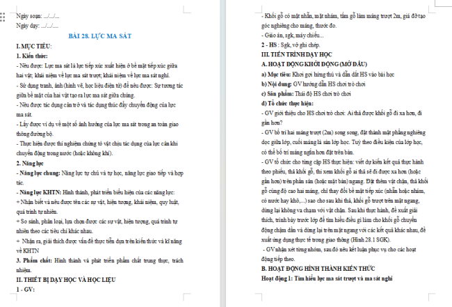 Giáo án KHTN 6 Bài 28: Lực ma sát