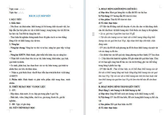 Giáo án KHTN 6 Bài 29: Lực hấp dẫn