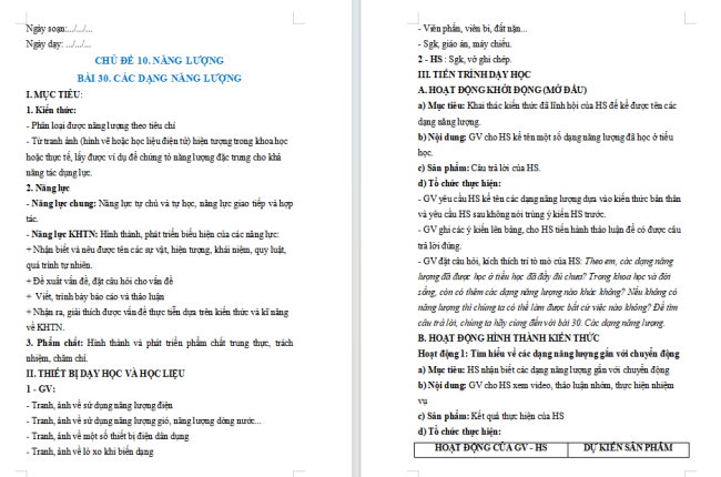 Giáo án KHTN 6 Bài 30: Các dạng năng lượng