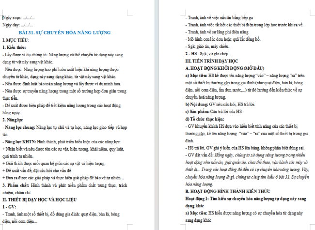 Giáo án KHTN 6 Bài 31: Sự chuyển hóa năng lượng