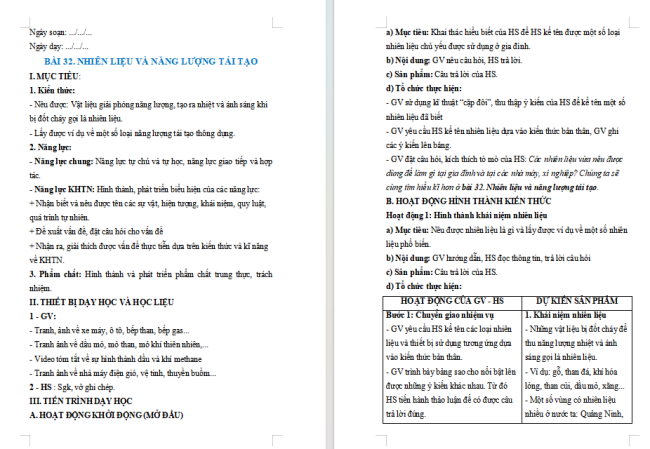 Giáo án KHTN 6 Bài 32: Nhiên liệu và năng lượng tái tạo