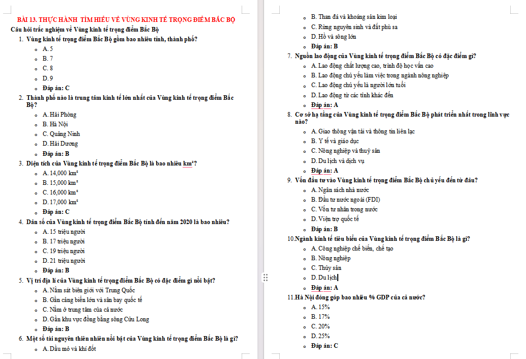 Trắc nghiệm Địa lí 9 Bài 13