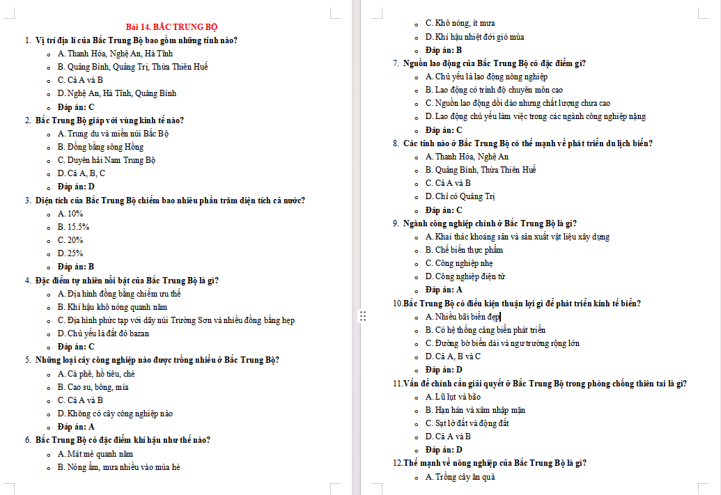 Trắc nghiệm Địa lí 9 Bài 14