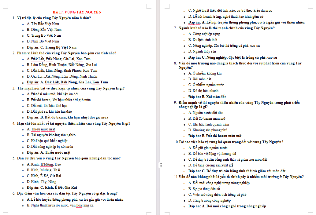 Trắc nghiệm Địa lí 9 Bài 17