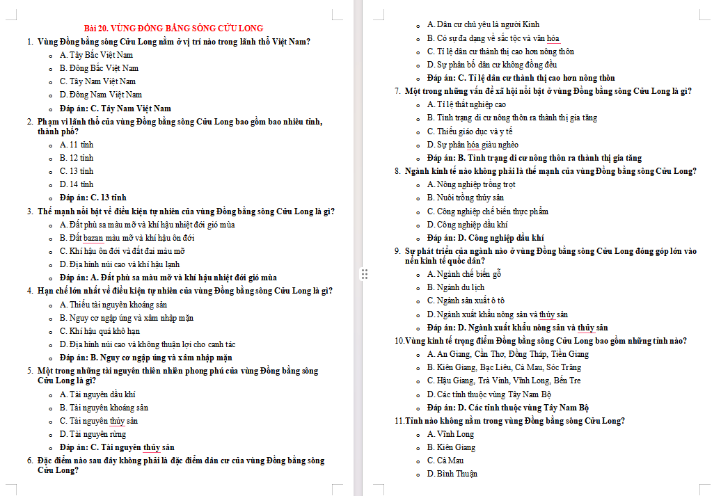Trắc nghiệm Địa lí 9 Bài 20