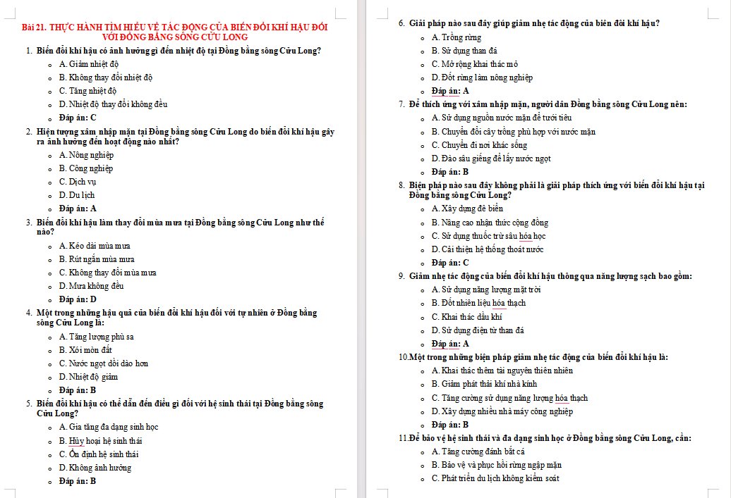 Trắc nghiệm Địa lí 9 Bài 21