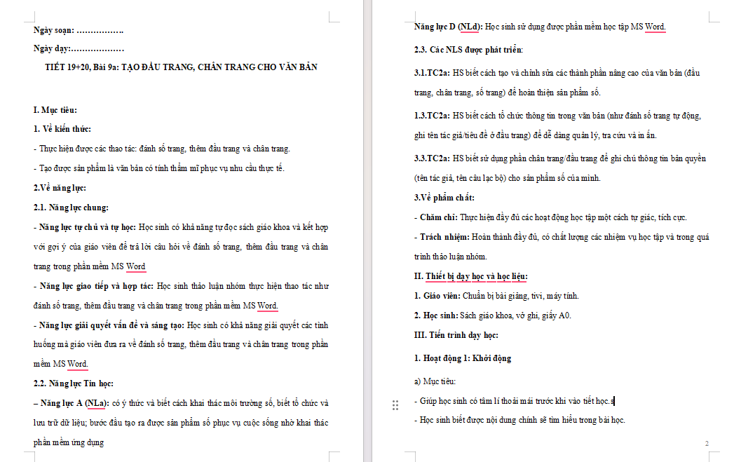 Tạo đầu trang chân trang cho văn bản