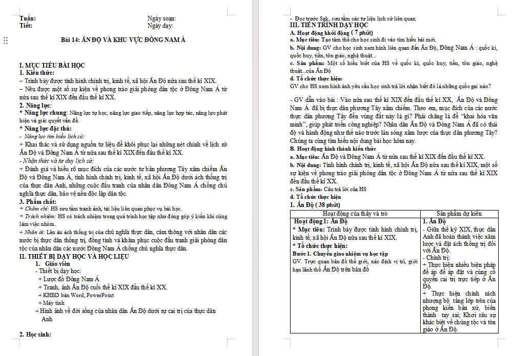 Giáo án Lịch sử 8 Bài 14