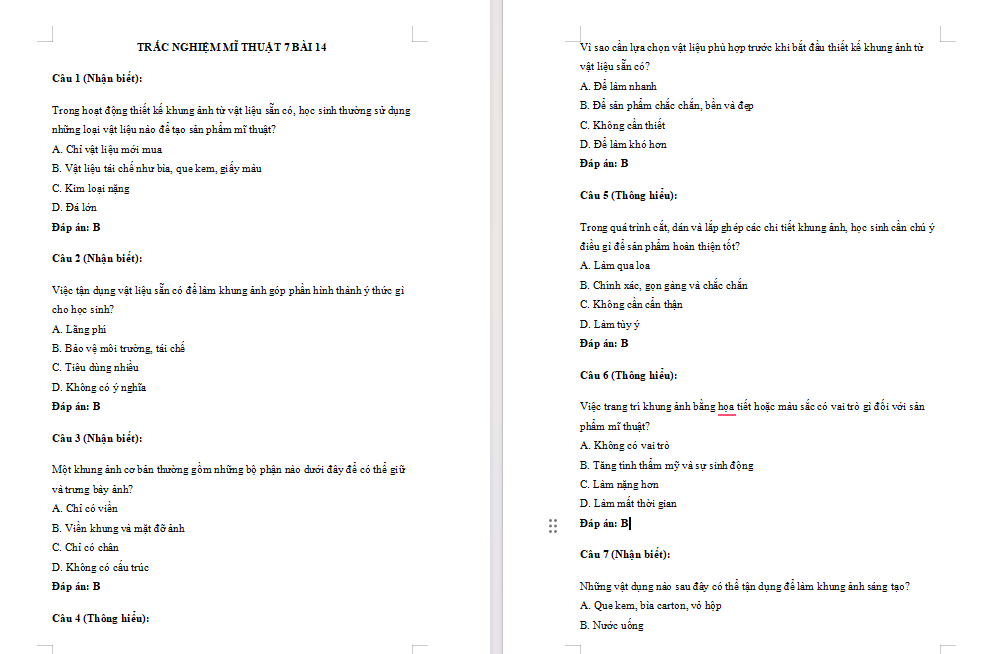 Trắc nghiệm Mĩ thuật 7 Bài 14