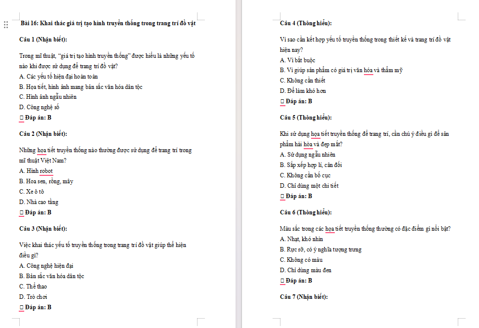 Trắc nghiệm Mĩ thuật 7 Bài 16