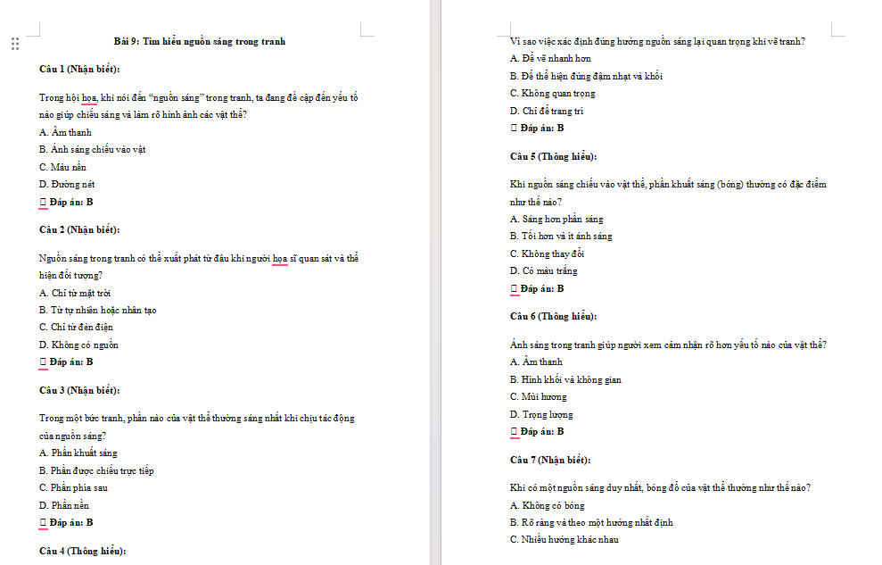 Trắc nghiệm Mĩ thuật 7 Bài 9