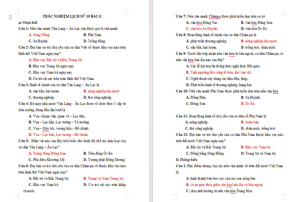 Trắc nghiệm Lịch sử 10 Bài 11