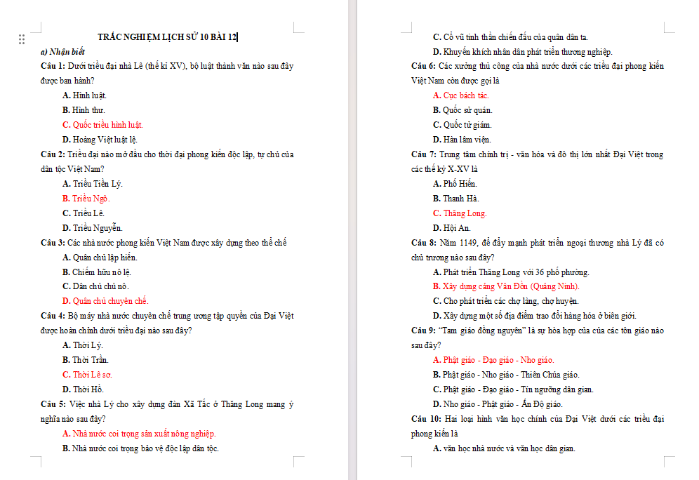Trắc nghiệm Lịch sử 10 Bài 12