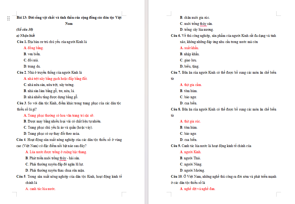 Trắc nghiệm Lịch sử 10 Bài 13