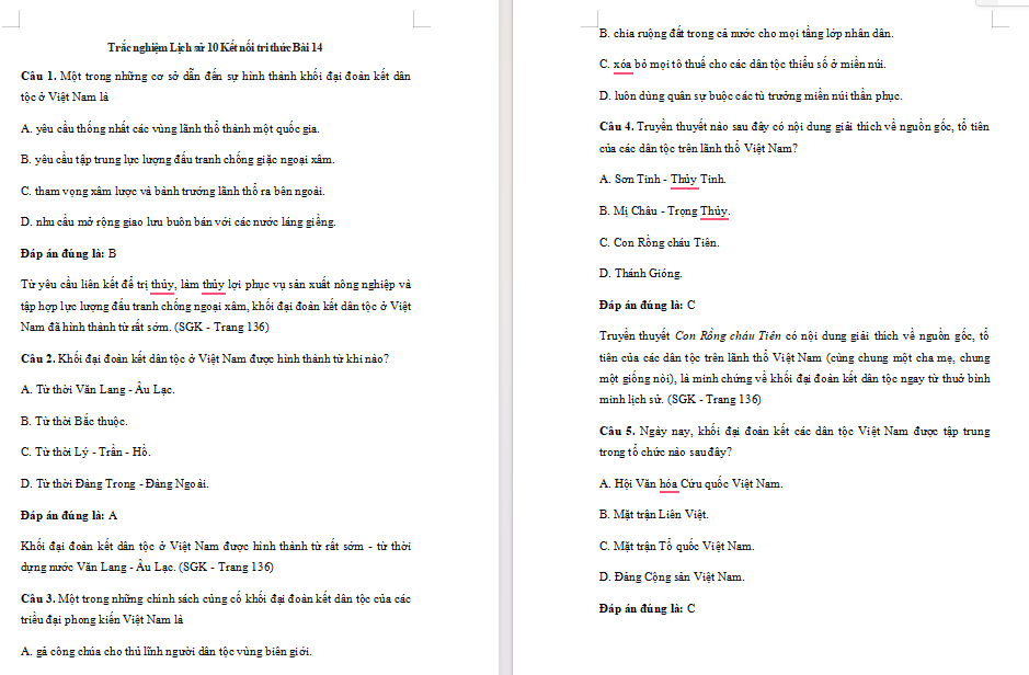 Trắc nghiệm Lịch sử 10 Bài 14
