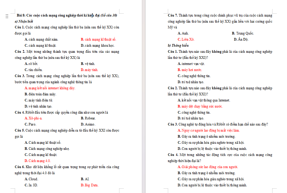 Trắc nghiệm Lịch sử 10 Bài 8