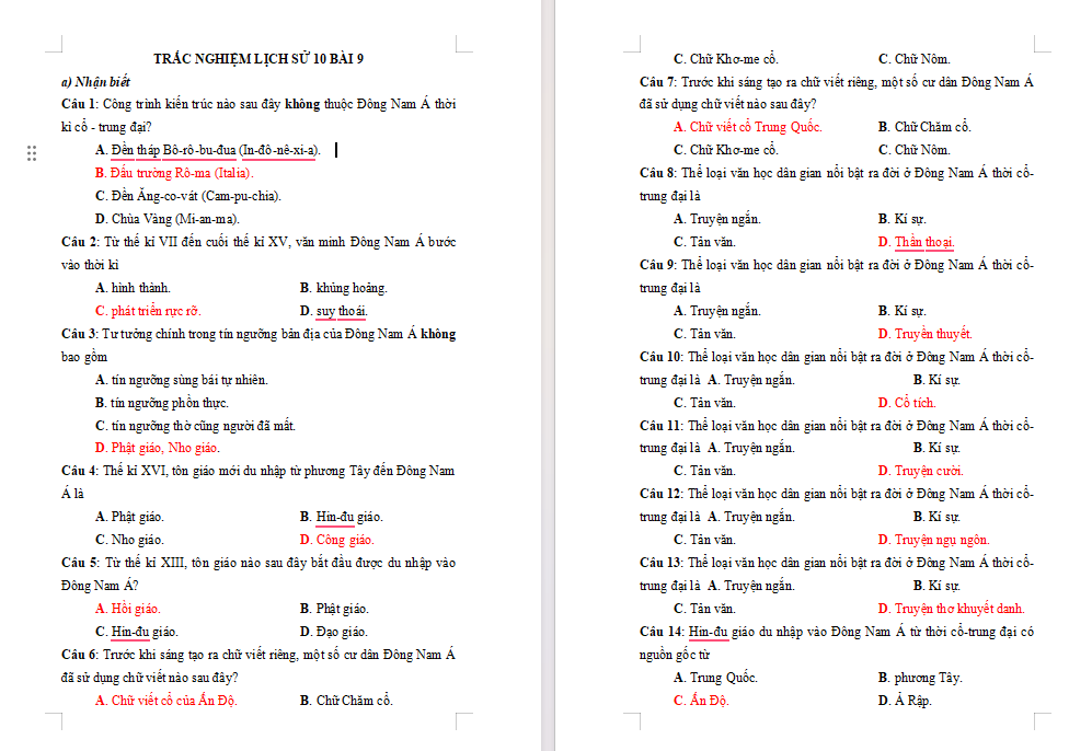 Trắc nghiệm Lịch sử 10 Bài 9
