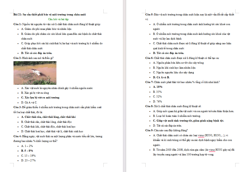 Trắc nghiệm Công nghệ Chăn nuôi 11 Bài 21