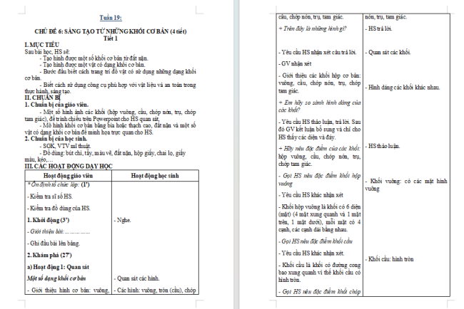 Giáo án Mĩ thuật 1 Chủ đề 6: Sáng tạo từ những khối cơ bản