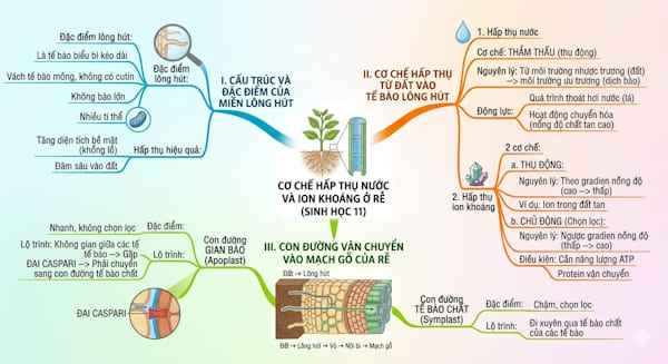 Nêu cơ chế hấp thụ nước và ion khoáng ở rễ
