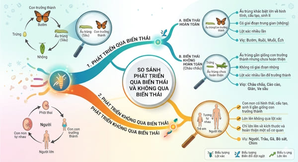 Sự khác nhau giữa phát triển qua biến thái và không qua biến thái?