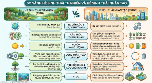 So sánh hệ sinh thái tự nhiên và hệ sinh thái nhân tạo