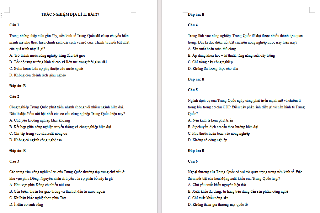 Bài tập Địa lí 11 Bài 27