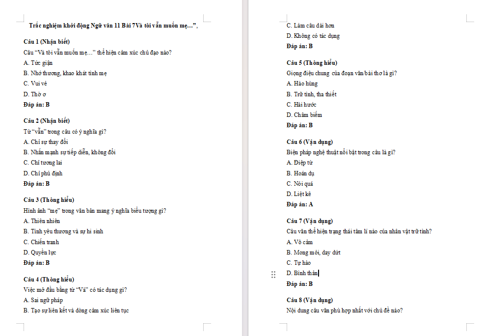 Trắc nghiệm Ngữ văn 11 Bài 7