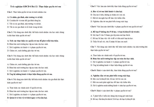 Trắc nghiệm GDCD 6 Bài 12