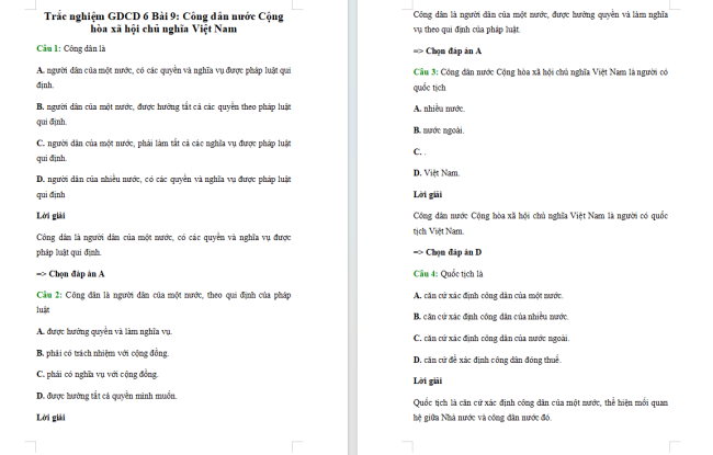 Trắc nghiệm GDCD 6 Bài 9