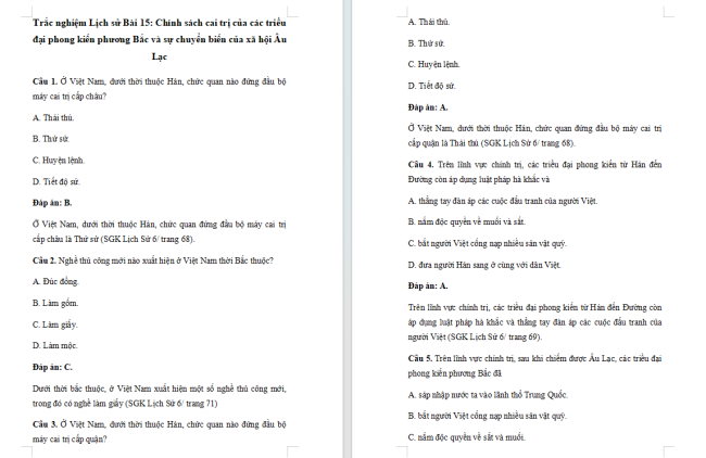 Trắc nghiệm Lịch sử 6 Bài 15
