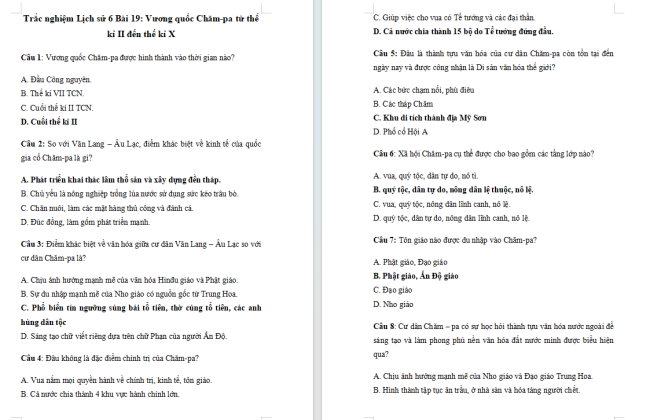 Trắc nghiệm Lịch sử 6 Bài 19