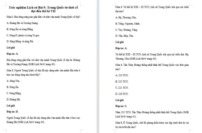 Trắc nghiệm Lịch sử 6 Bài 9