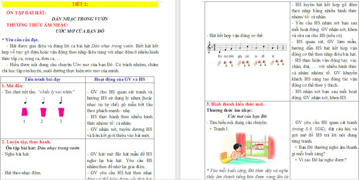 Giáo án Âm nhạc 2 Tiết 2: Ôn tập bài hát Dàn nhạc trong vườn, Thường thức âm nhạc Ước mơ của bạn Đô