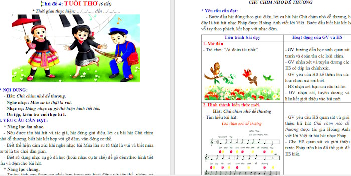 Giáo án Âm nhạc 2 Học bài hát Chú chim nhỏ dễ thương