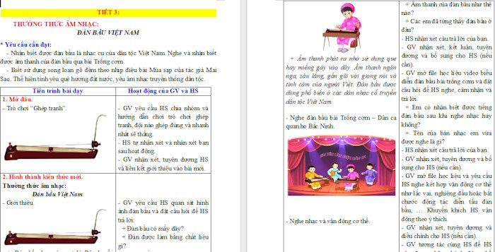 Giáo án Âm nhạc 2 Thường thức âm nhạc Đàn bầu Việt Nam. Vận dụng sáng tạo