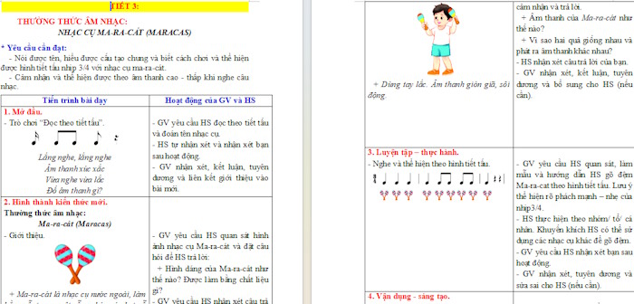 Giáo án Âm nhạc 2 Tiết 25: Thường thức âm nhạc Nhạc cụ ma-ra-cát (maracas). Vận dụng sáng tạo