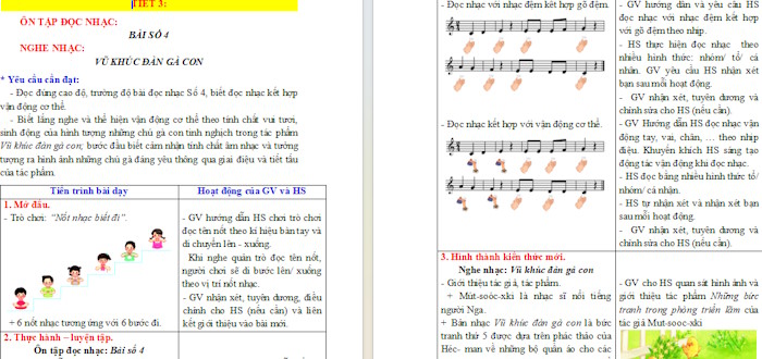 Giáo án Âm nhạc 2 Tiết 29: Ôn tập đọc nhạc Bài số 4. Nghe nhạc Vũ khúc đàn gà con