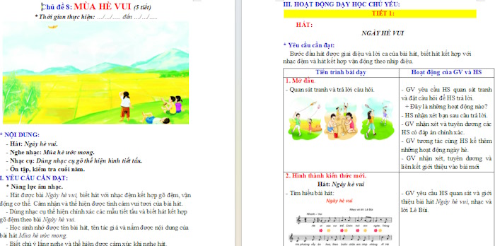 Giáo án Âm nhạc 2 Học bài hát Ngày hè vui