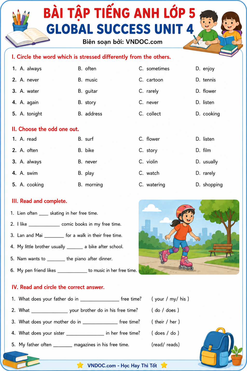 Bài tập tiếng Anh 5 Global Success Unit 4 Our free-time activities