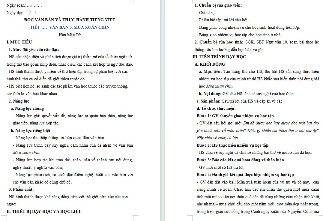 KHBD Ngữ văn 10 Bài Mùa xuân chín