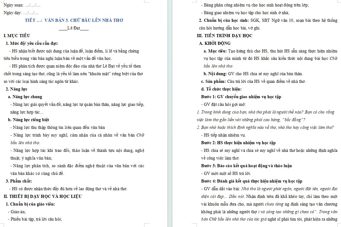 KHBD Ngữ văn 10 Bài Chữ bầu lên nhà thơ