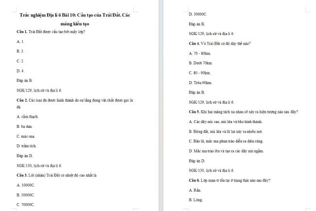 Trắc nghiệm Địa lí 6 Bài 10