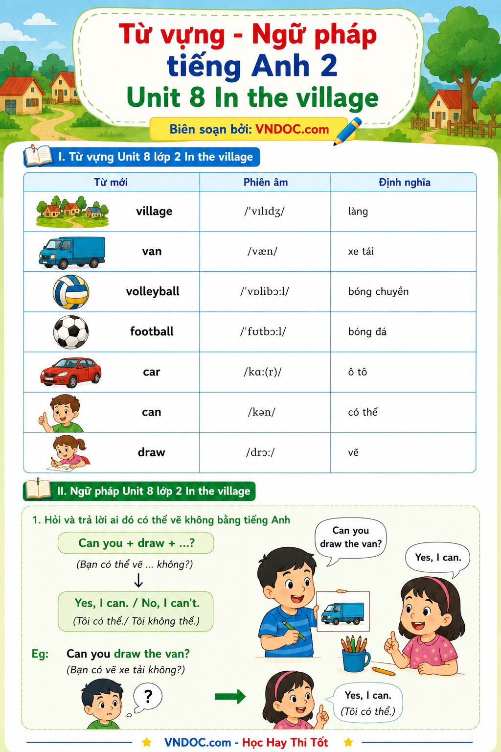 Từ vựng - Ngữ pháp tiếng Anh 2 Unit 8 In the village