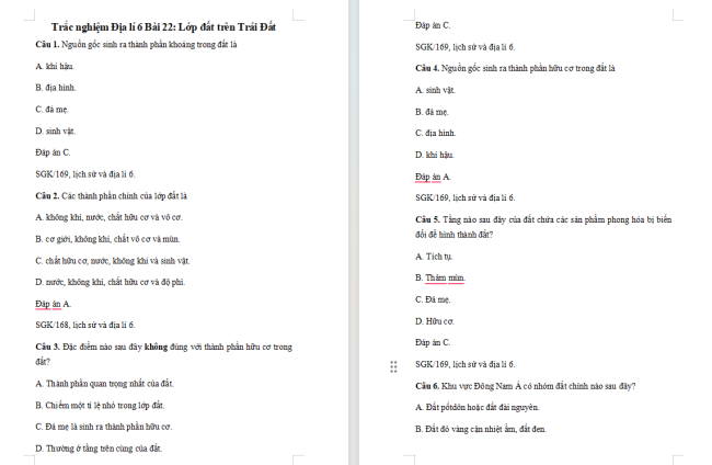 Trắc nghiệm Địa lí 6 Bài 22