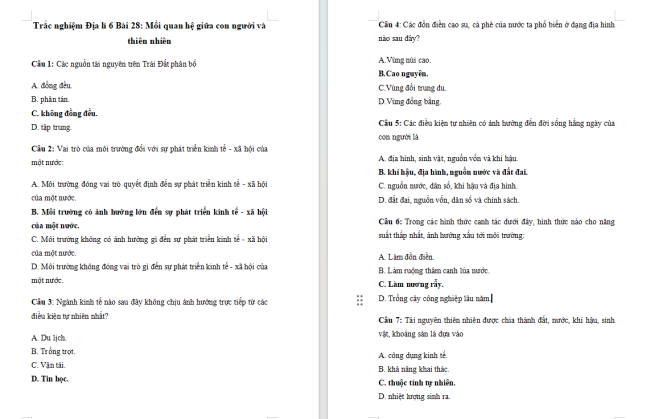 Trắc nghiệm Địa lí 6 Bài 28